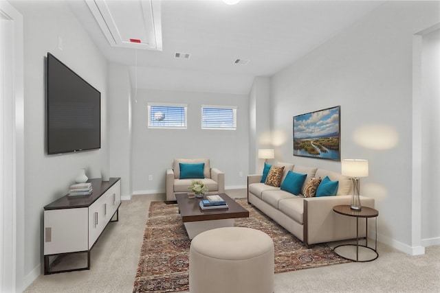 living room featuring light colored carpet