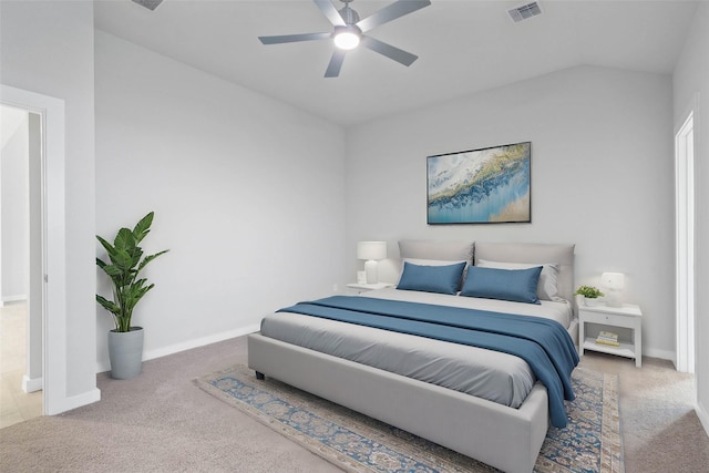 bedroom featuring ceiling fan, lofted ceiling, and carpet flooring