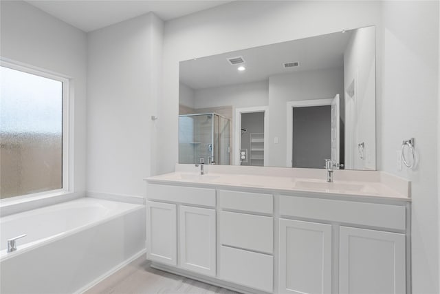 bathroom with vanity and separate shower and tub