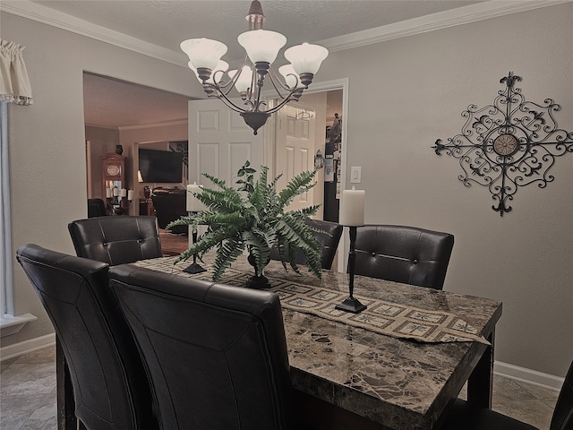 dining space with light tile patterned floors, a notable chandelier, and ornamental molding