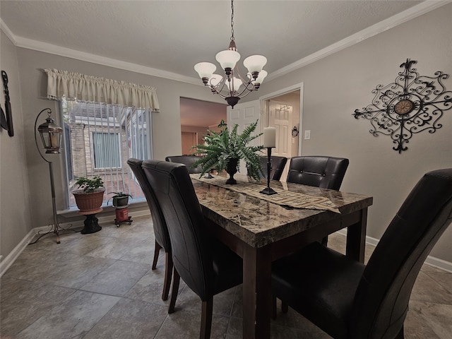 tiled dining room featuring an inviting chandelier and ornamental molding