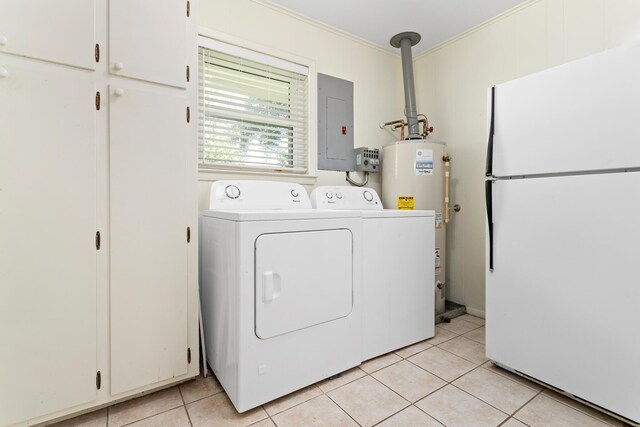 laundry room featuring ornamental molding, gas water heater, cabinets, electric panel, and light tile patterned floors