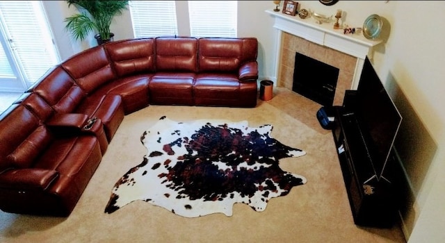 living room featuring a fireplace and carpet flooring