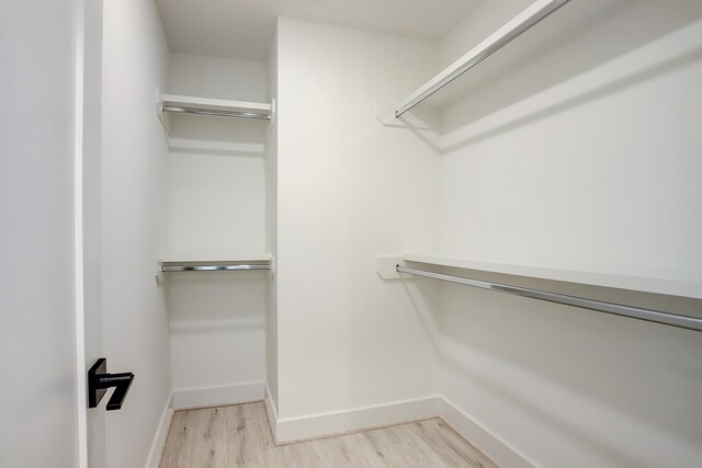 walk in closet with light hardwood / wood-style floors