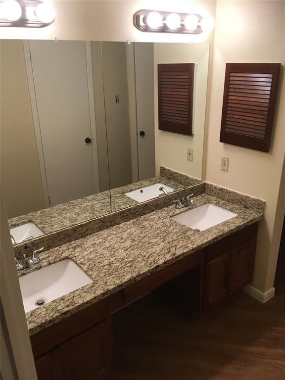 bathroom with double vanity and wood-type flooring