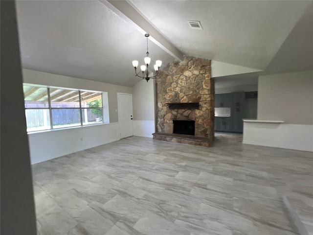 unfurnished living room featuring tile patterned floors, a notable chandelier, a stone fireplace, and lofted ceiling with beams