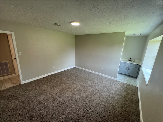 empty room with sink, light carpet, and a textured ceiling