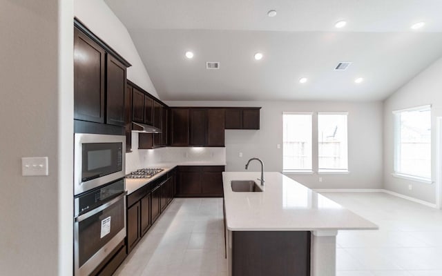 kitchen featuring sink, vaulted ceiling, an island with sink, a wealth of natural light, and stainless steel appliances