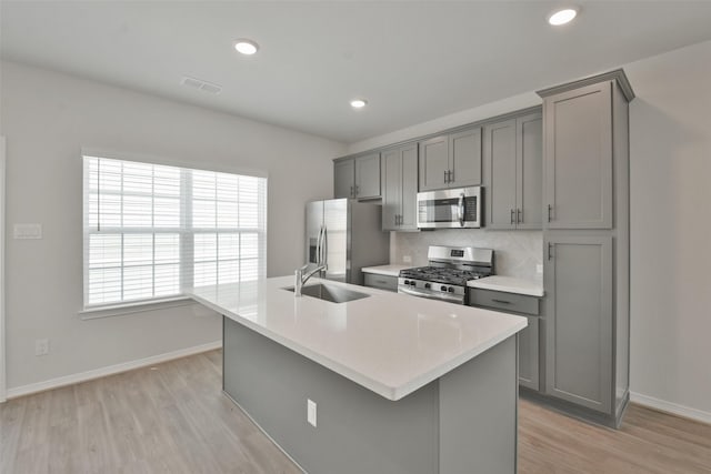 kitchen with gray cabinets, sink, stainless steel appliances, and a kitchen island with sink