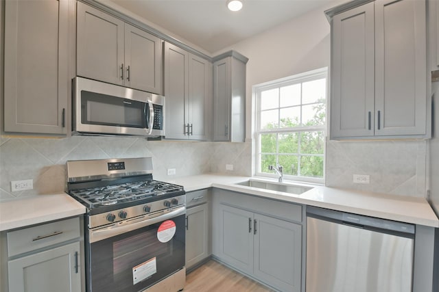 kitchen featuring gray cabinetry, decorative backsplash, sink, and appliances with stainless steel finishes