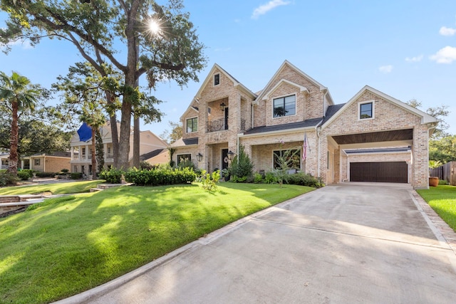 view of front of home with a garage, concrete driveway, brick siding, and a front lawn