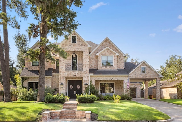 view of front of home featuring concrete driveway, brick siding, a front lawn, and roof with shingles