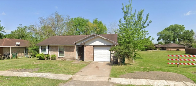 ranch-style house featuring a garage and a front lawn