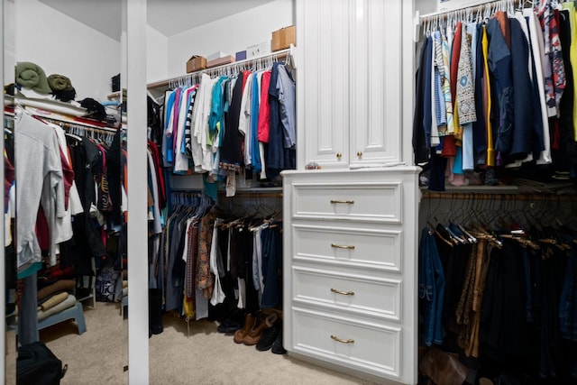 walk in closet with light carpet