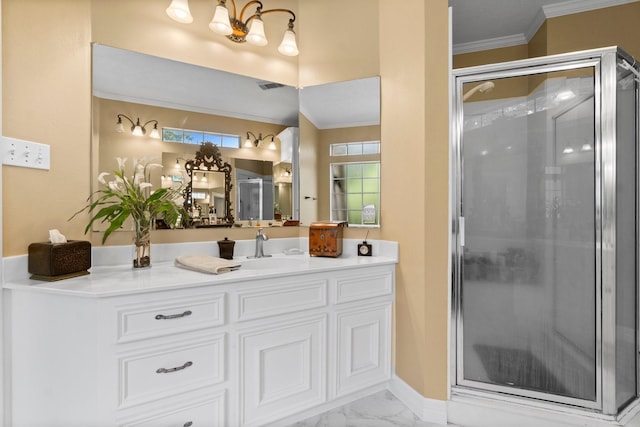 bathroom featuring a stall shower, visible vents, ornamental molding, marble finish floor, and vanity