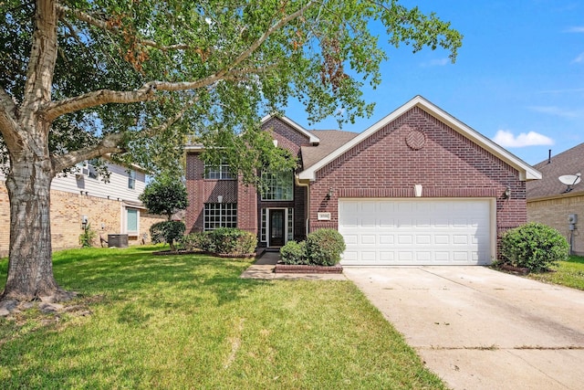 traditional-style house featuring a garage, a front yard, concrete driveway, and brick siding