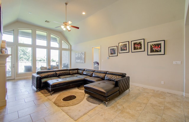 living room featuring ceiling fan, high vaulted ceiling, and light tile patterned flooring