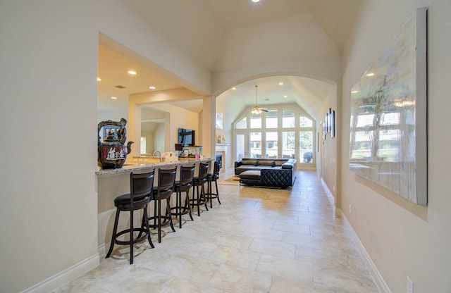 interior space featuring ceiling fan and vaulted ceiling