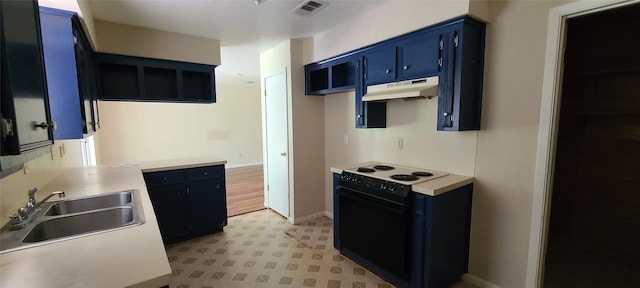 kitchen featuring sink, blue cabinets, electric range, and light tile patterned floors