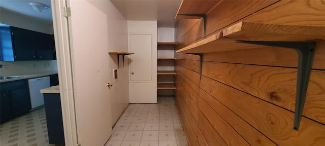 walk in closet with light floors and a sink