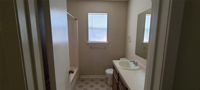 full bathroom with toilet, vanity, shower / washtub combination, and tile patterned floors