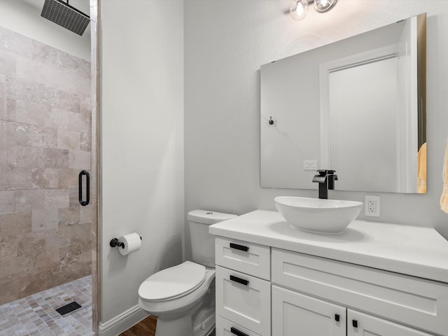 bathroom with toilet, a shower stall, and vanity