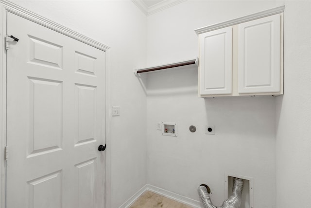 washroom with washer hookup, ornamental molding, cabinets, and hookup for an electric dryer