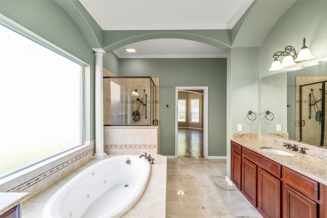 bathroom featuring hardwood / wood-style flooring, crown molding, vanity, and shower with separate bathtub