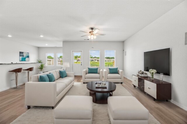 living area with light wood-style floors, a healthy amount of sunlight, and baseboards