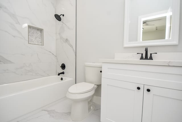 full bathroom featuring tile patterned floors, vanity, tiled shower / bath combo, and toilet