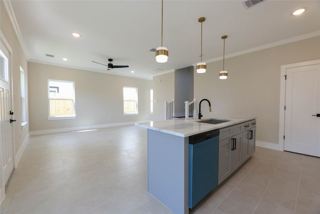 kitchen featuring light stone counters, decorative light fixtures, stainless steel dishwasher, ornamental molding, and sink