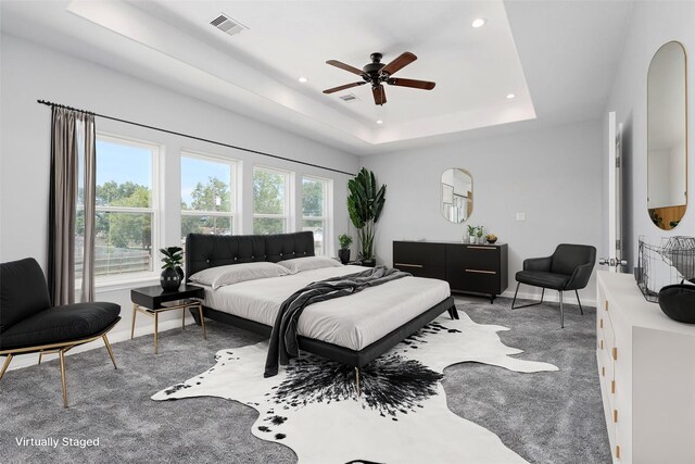 bedroom featuring ceiling fan and a tray ceiling