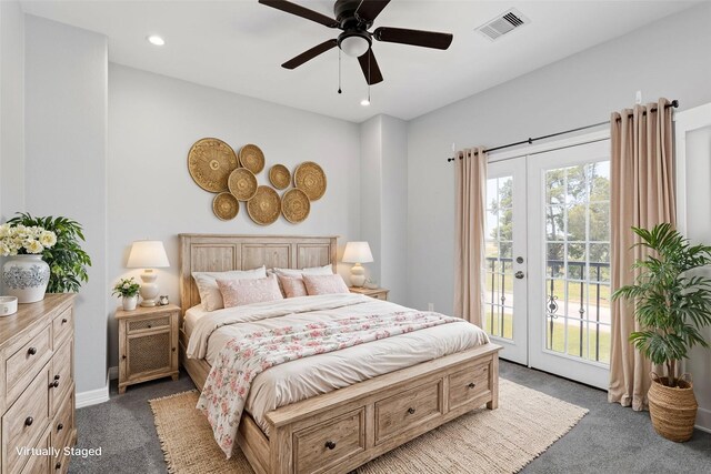 bedroom featuring dark colored carpet, ceiling fan, access to exterior, and french doors