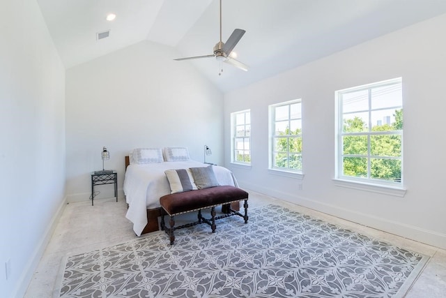 bedroom with high vaulted ceiling, ceiling fan, and tile patterned floors