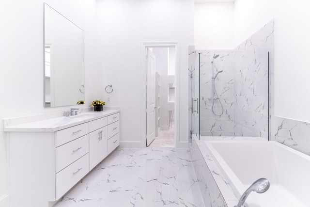 bathroom featuring tile patterned flooring, independent shower and bath, and vanity