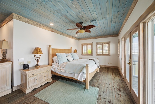 bedroom with dark wood-type flooring, ceiling fan, french doors, and wooden ceiling