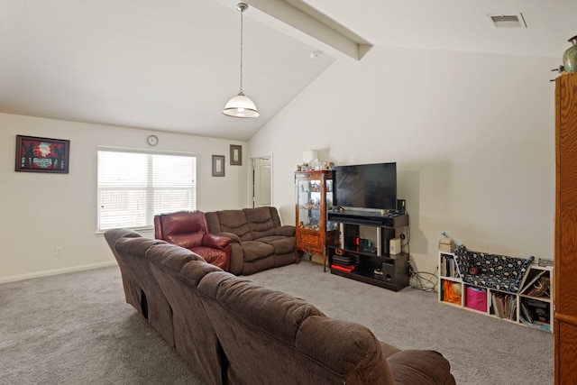 carpeted living room featuring beam ceiling and high vaulted ceiling