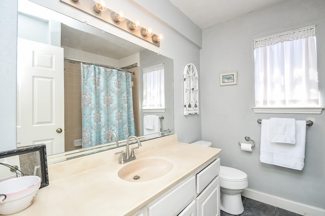 full bathroom featuring tile patterned flooring, shower with separate bathtub, toilet, and vanity