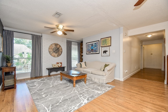 living room featuring ceiling fan, a textured ceiling, and light hardwood / wood-style flooring