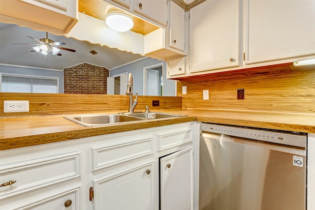 kitchen with sink, dishwasher, ceiling fan, and white cabinets