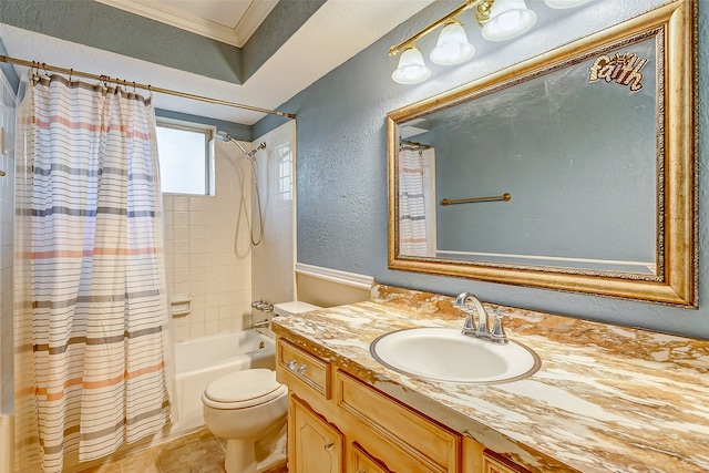 full bathroom with vanity, crown molding, shower / tub combo, tile patterned floors, and toilet