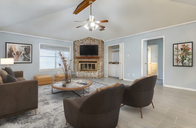 living area with a fireplace, visible vents, lofted ceiling with beams, a ceiling fan, and baseboards