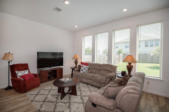 living room with light wood-type flooring and plenty of natural light