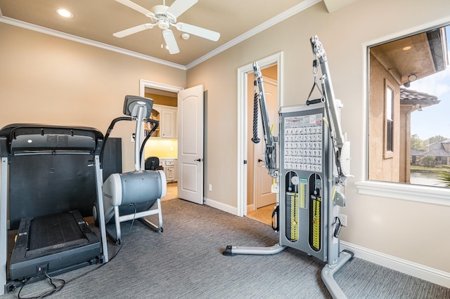 exercise room featuring light colored carpet, baseboards, a ceiling fan, and ornamental molding