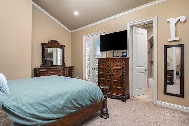 bedroom featuring light carpet, a textured ceiling, crown molding, and vaulted ceiling