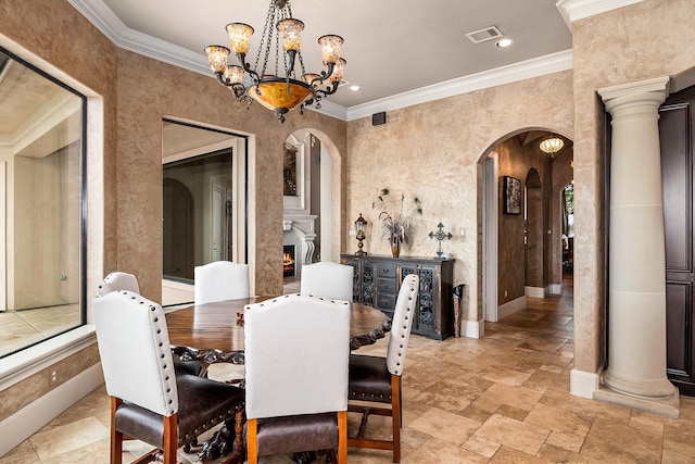 dining space featuring visible vents, arched walkways, a notable chandelier, and ornamental molding