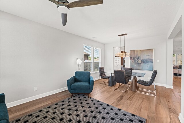 living area featuring a ceiling fan, wood finished floors, and baseboards