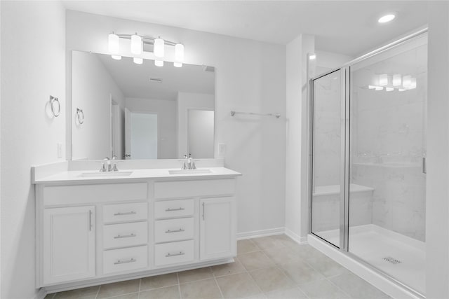 bathroom featuring tile patterned flooring, vanity, and a shower with door