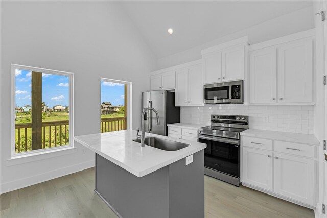 kitchen with sink, a center island with sink, a healthy amount of sunlight, and stainless steel appliances