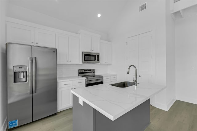 kitchen featuring light stone counters, a kitchen island with sink, stainless steel appliances, visible vents, and white cabinets